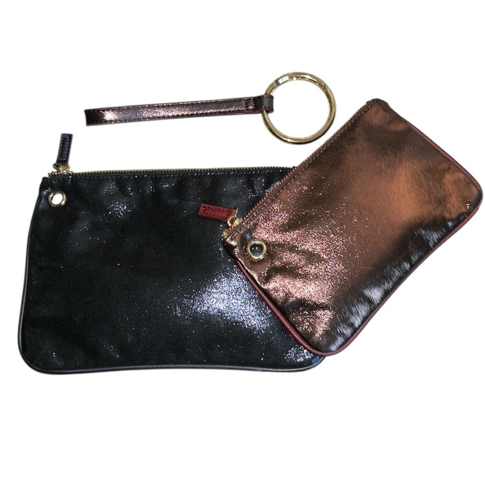 Free People Double Wristlet in Metallic Burgundy & Blue 2 Pouches with Gold Ring - Picture 8 of 9